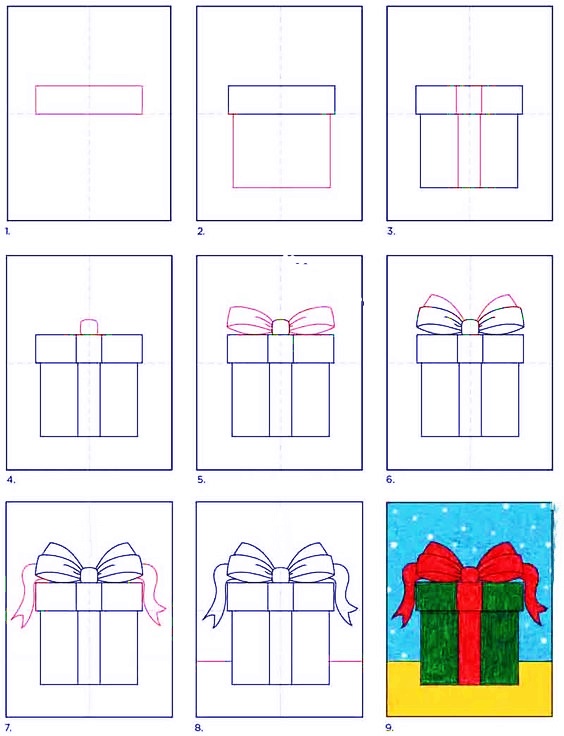 How to draw a Christmas present - easy lesson for children
