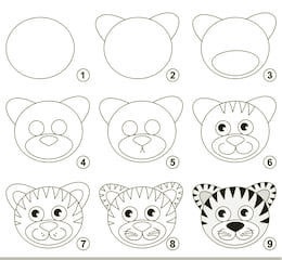 A simple step-by-step way to draw a cartoon tiger head - Way 4