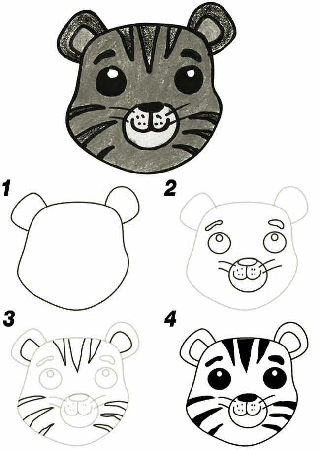 A simple step-by-step way to draw a cartoon tiger head - Way 1