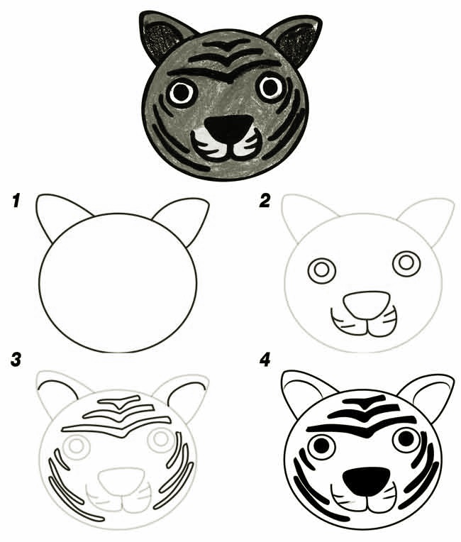 A simple step-by-step way to draw a cartoon tiger head - Way 12