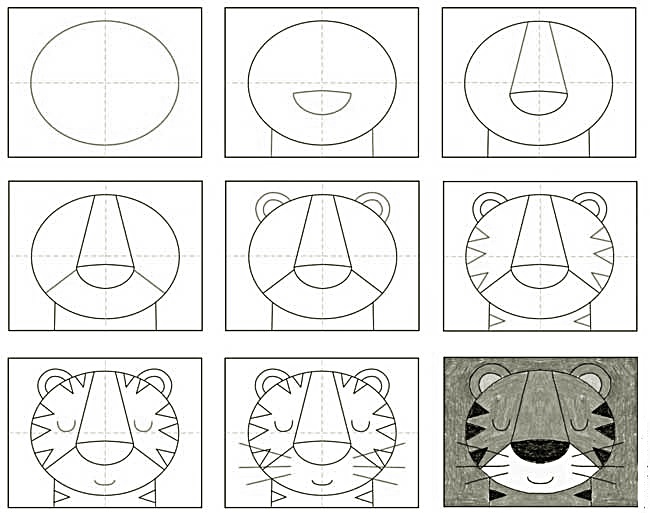A simple step-by-step way to draw a cartoon tiger head - Way 11