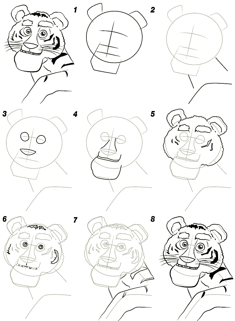 A simple step-by-step way to draw a cartoon tiger head - Way 9