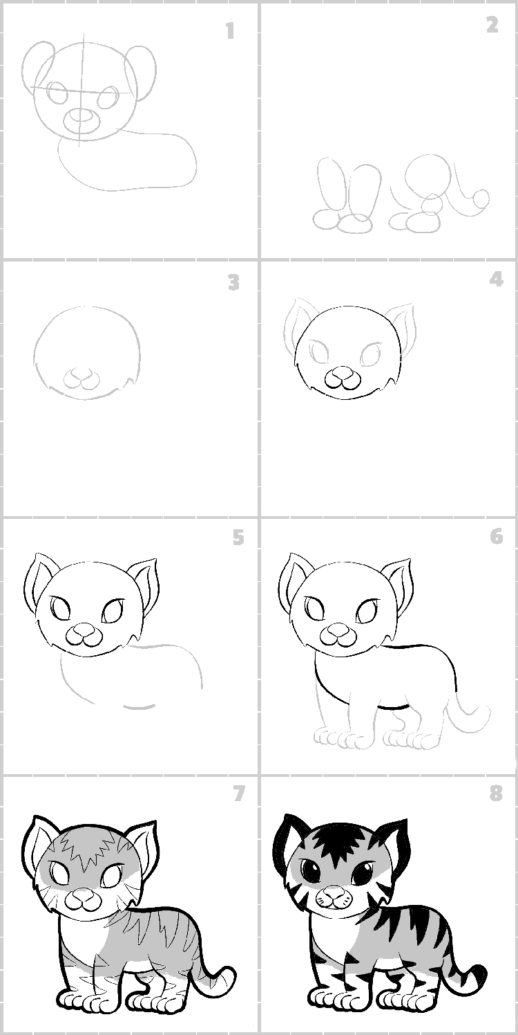 A simple step-by-step way to draw a cartoon tiger cub - way 6