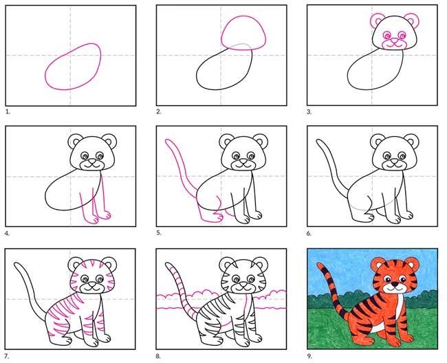 A simple step-by-step way to draw a cartoon tiger cub - way 5