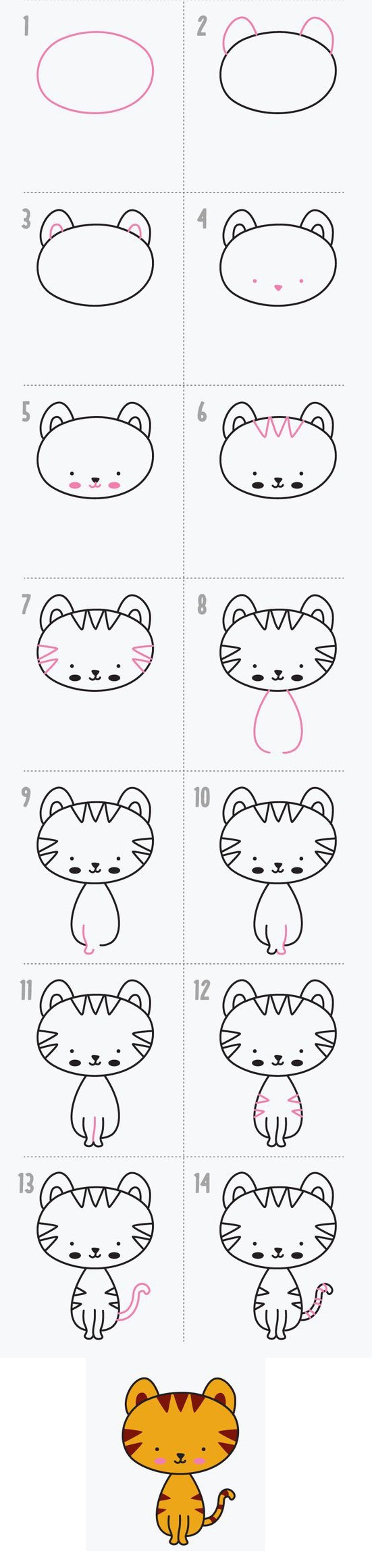 A simple step-by-step way to draw a cartoon tiger cub - way 4