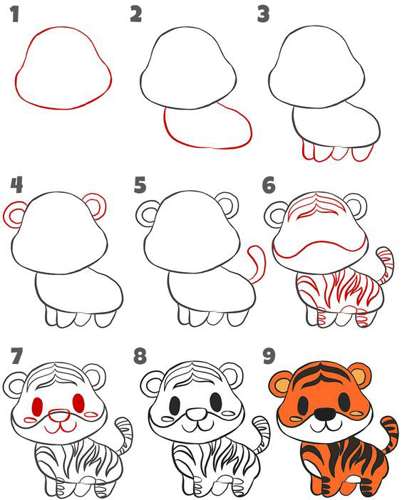 A simple step-by-step way to draw a cartoon tiger cub - way 2