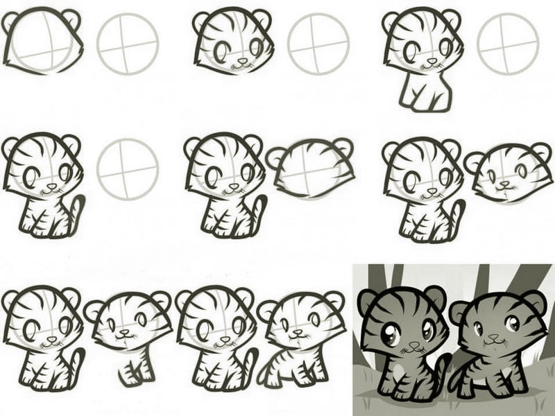 A simple step-by-step way to draw a cartoon tiger cub - way 13