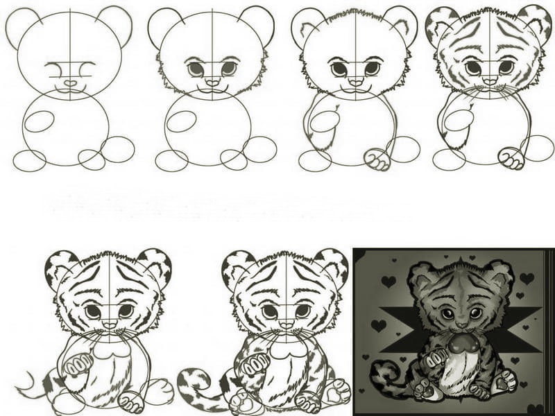 A simple step-by-step way to draw a cartoon tiger cub - way 11
