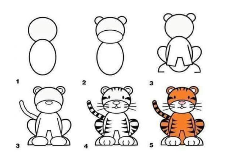 A simple step-by-step way to draw a cartoon tiger cub - way 10